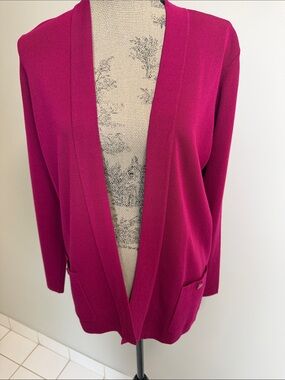 Anne Klein Magenta Open-Front Long Sleeve Cardigan Sweater Front Patch Pockets M